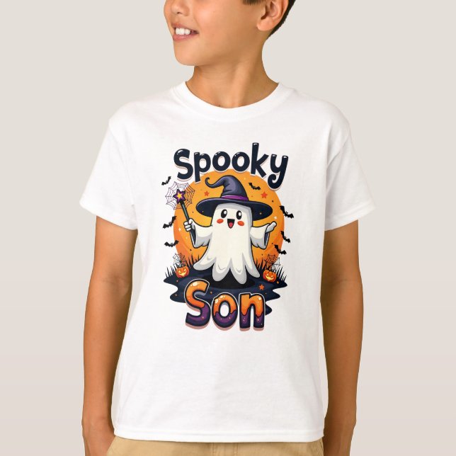 Camiseta Halloween Spooky Son Ghost com Witch Hat (Frente)