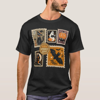 Camiseta Halloween Spooky Time Postal Stamps Ghosts Bat Cat