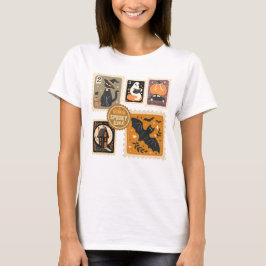 Camiseta Halloween Spooky Time Postal Stamps Ghosts Bat Cat