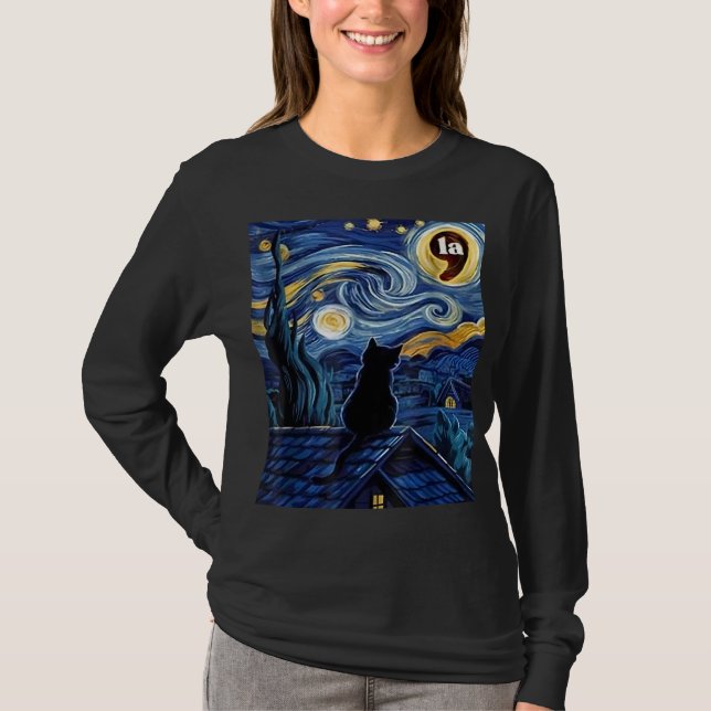 Camiseta Halloween Starry Night Black Cat Comma La Kamala (Frente)