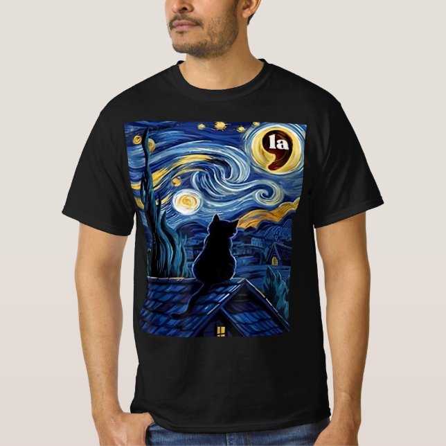 Camiseta Halloween Starry Night Black Cat Comma La Kamala (Frente)