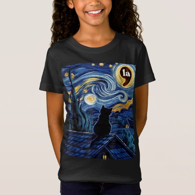 Camiseta Halloween Starry Night Black Cat Comma La Kamala (Frente)