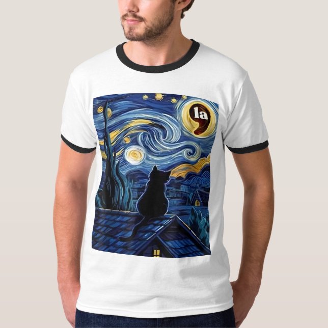 Camiseta Halloween Starry Night Black Cat Comma La Kamala (Frente)