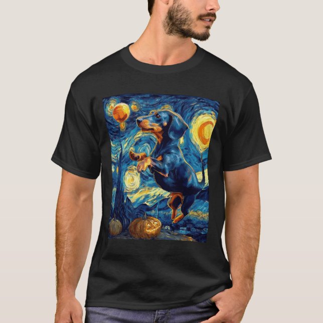 Camiseta Halloween Starry Night Puppy Dachshund (Frente)