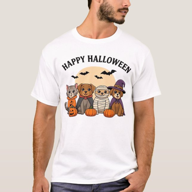 Camiseta Halloween T-Shirt with Cute Cats and Dogs in Costu (Frente)