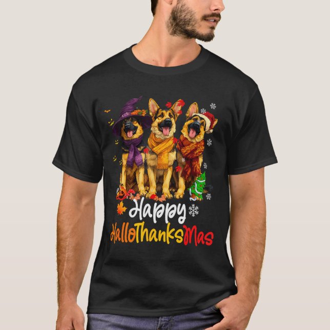 Camiseta Halloween Thanksgiving Christmas German Shepherd D (Frente)
