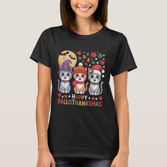 Camiseta Halloween Thanksgiving Christmas Happy Hallothanks (Frente)