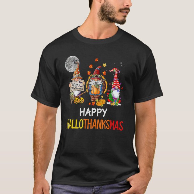 Camiseta Halloween Thanksgiving Christmas Happy HalloThanks (Frente)