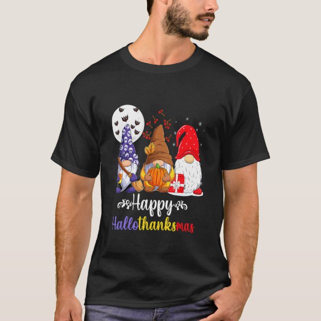 Camiseta Halloween Thanksgiving Christmas Happy HalloThanks (Frente)