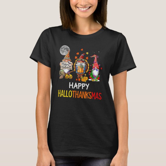 Camiseta Halloween Thanksgiving Christmas Happy HalloThanks (Frente)