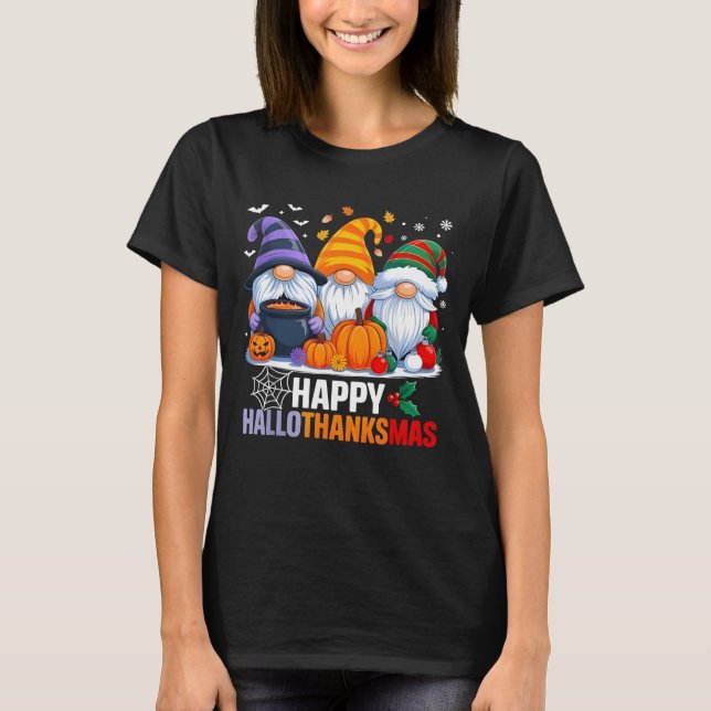 Camiseta Halloween Thanksgiving Christmas Happy Hallothanks (Frente)