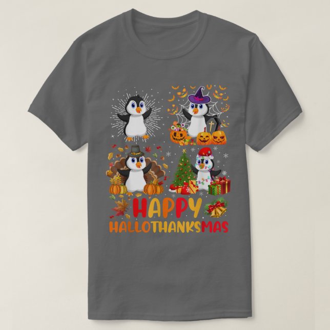 Camiseta Halloween Thanksgiving Christmas Penguin Hallothan (Frente do Design)