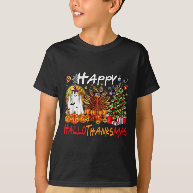 Camiseta Halloween Thanksgiving Christmas Turkey Happy Hall (Frente)