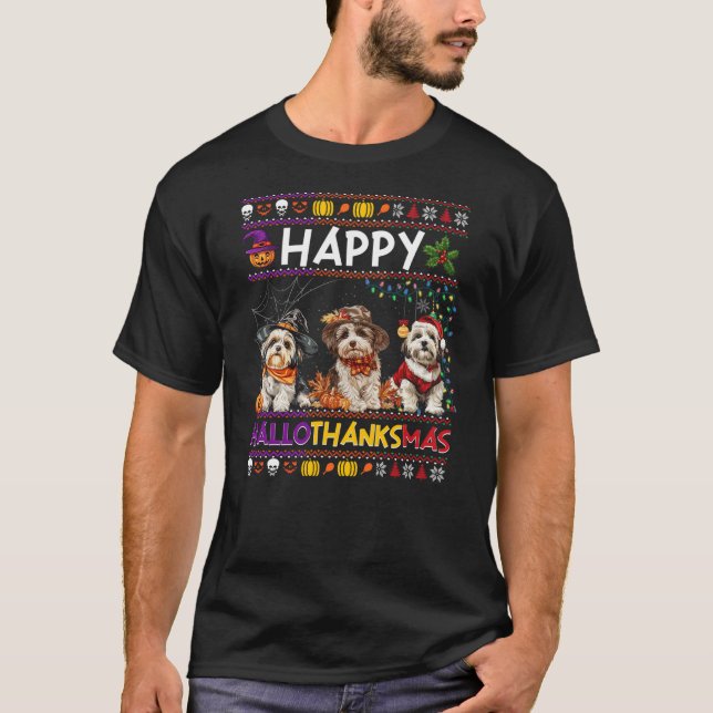 Camiseta Halloween Thanksgiving Christmas Ugly Havanese Dog (Frente)