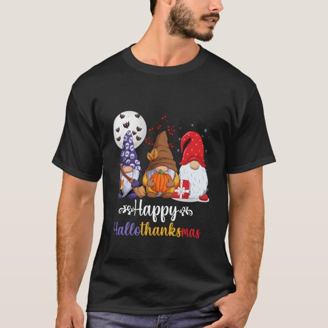 Camiseta Halloween Thanksgiving Happy Hallothanksmas Gnomes (Frente)