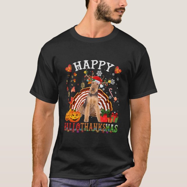 Camiseta Halloween Thanksgiving Merry Airedale Terrier (Frente)