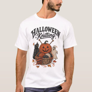 Camiseta Halloween Tricô Gato Preto Abóbora Fantasma