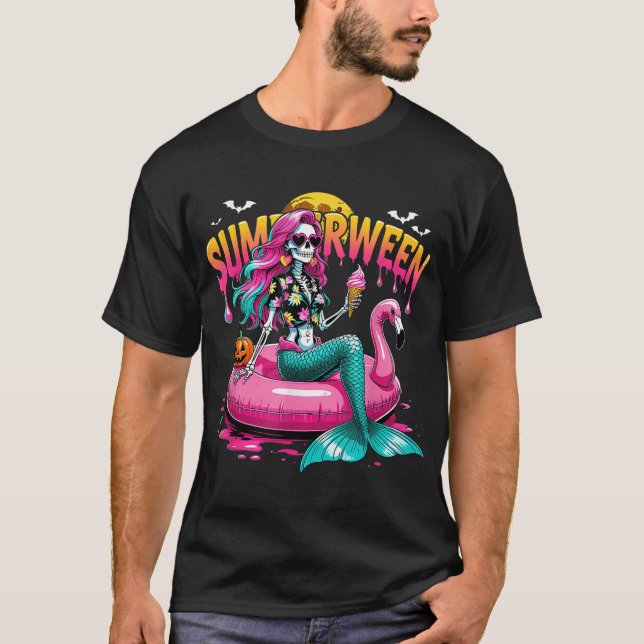 Camiseta Halloween Tropical Summerween Mermaid Esqueleto  (Frente)