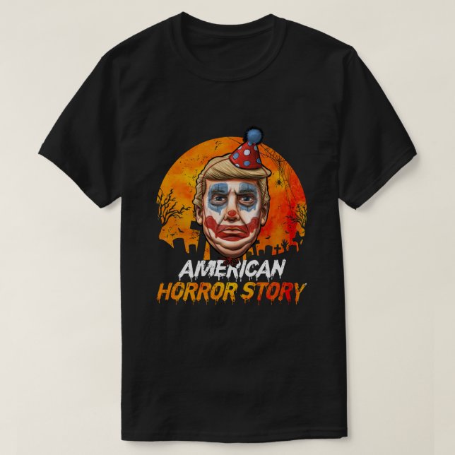 Camiseta Halloween Trump Calma História de Horror Americano (Frente do Design)