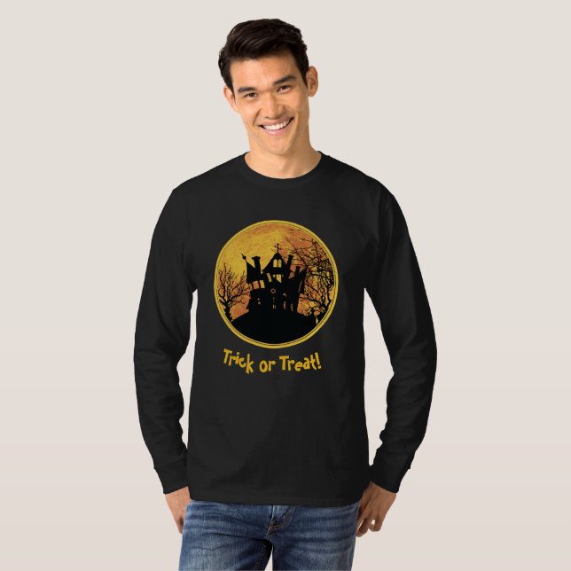Camiseta Halloween Truque Noite ou Tratar Casa da Lua Cheia (Frente Completa)