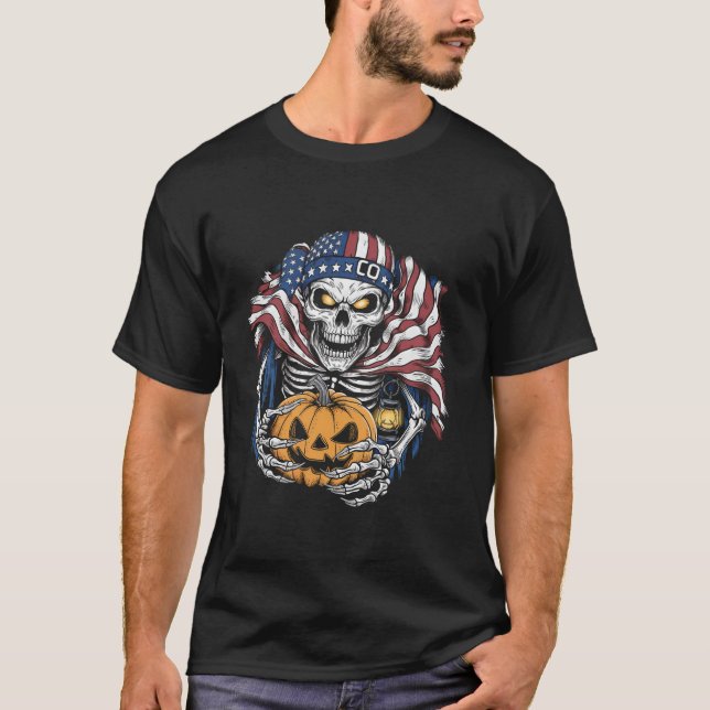 Camiseta Halloween Tshirt Skull American Flag Scary Horror (Frente)