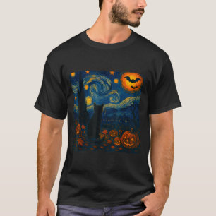 Camiseta Halloween Van Gogh Noite Estrelada Gato Preto Abób