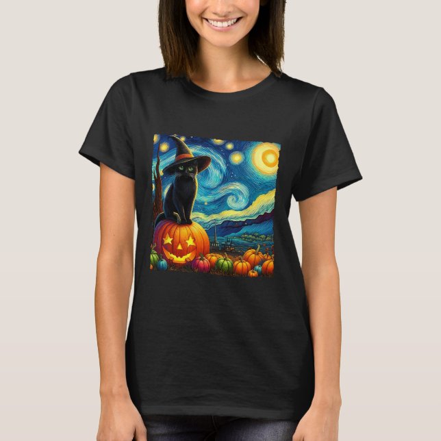 Camiseta Halloween Van Gogh Starry Night Black Witch Ha (Frente)