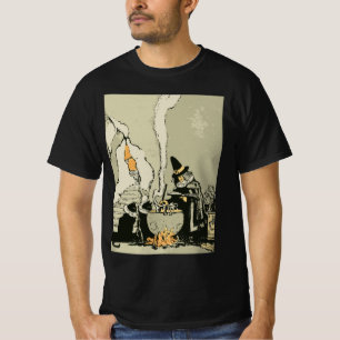 Camiseta Halloween Vintage, Bruxa com Caldeirão e Gatos