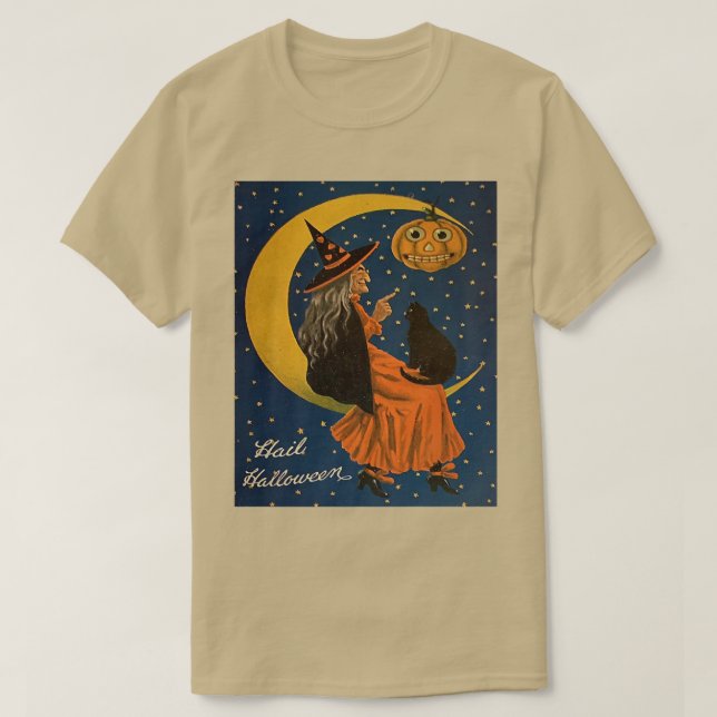 Camiseta Halloween Witch, Black Cat and JackOLantern, Vinta (Frente do Design)