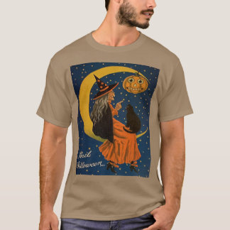 Camiseta Halloween Witch, Black Cat and JackOLantern, Vinta