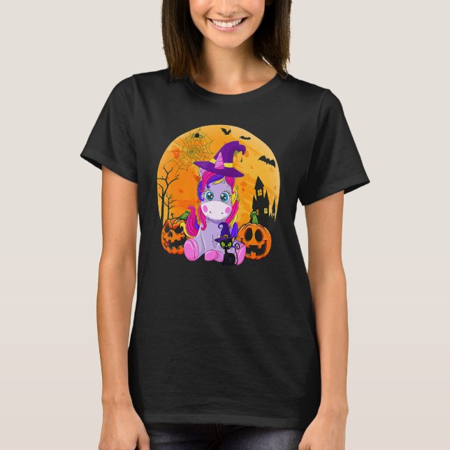 Camiseta Halloween Witchy Unicorn Black Cat Pumpkin Girls W (Frente)