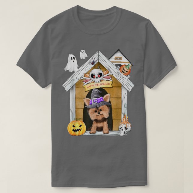 Camiseta Halloween Yorkshire Terrier Dog Witch Haunted Hous (Frente do Design)