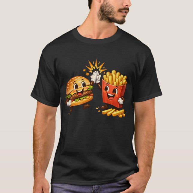 Camiseta Hamburger e Batatas Fritas Fofo Cumprimento de Cin (Frente)