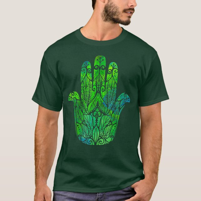 Camiseta Hamsa Árabe e Hebraico Amulet Proteção dos Olhos (Frente)