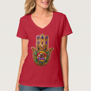 Camiseta Hamsa de Ouro Pintado Ametista Rubi Terceiro Olho