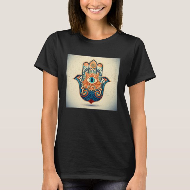Camiseta Hamsa Hand Eye Illustration Lucky Unique Palm Wome (Frente)