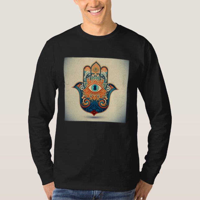 Camiseta Hamsa Hand Eye Illustration Lucky Unique Palm Wome (Frente)