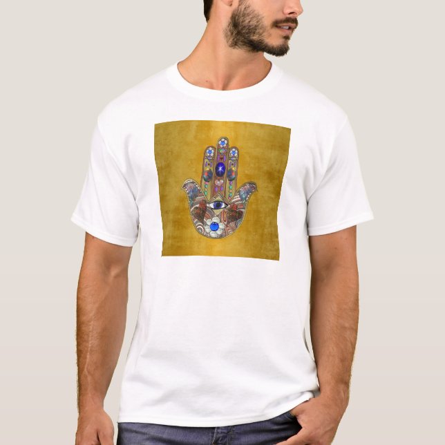 Camiseta Hamsa Hearts Flowers Opal Art em Dourado (Frente)