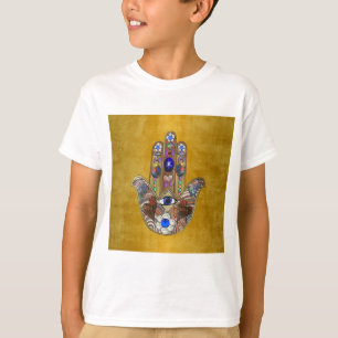 Camiseta Hamsa Hearts Flowers Opal Art em Dourado