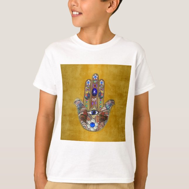 Camiseta Hamsa Hearts Flowers Opal Art em Dourado (Frente)