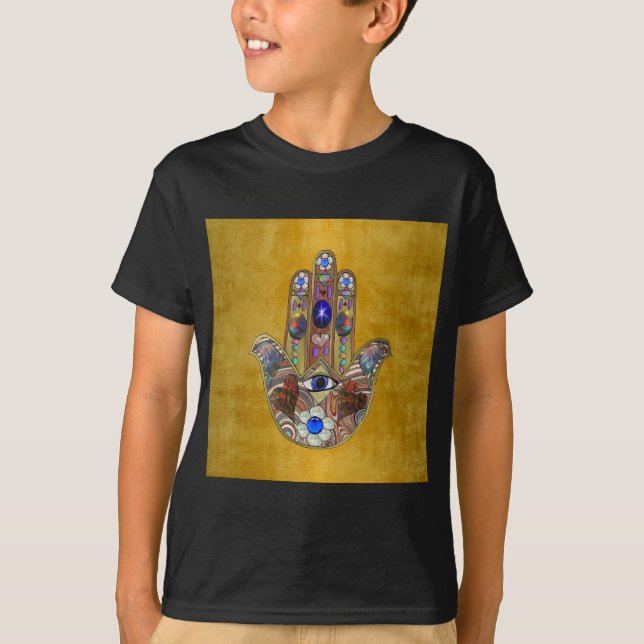 Camiseta Hamsa Hearts Flowers Opal Art em Dourado (Frente)