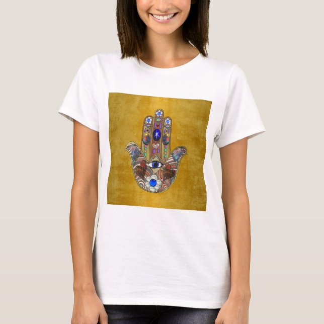 Camiseta Hamsa Hearts Flowers Opal Art em Dourado (Frente)