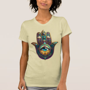 Camiseta Hamsa Violeta Dourado Turquesa com Terceiro Olho T