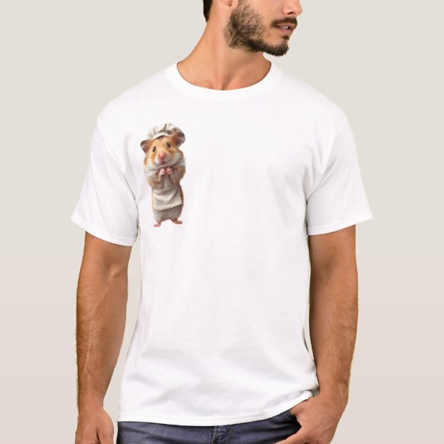 Camiseta Hamster Chef Adorável com Avental Branco e Chapéu  (Frente)