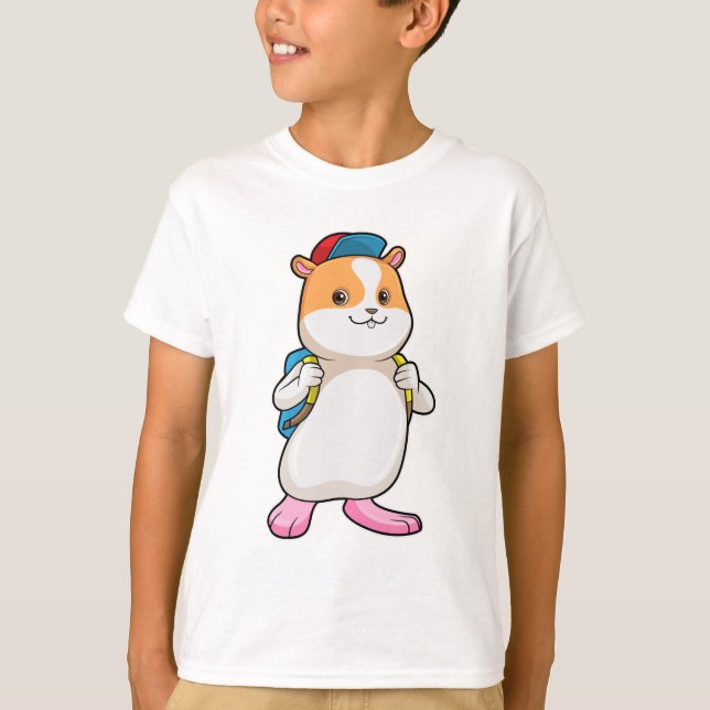 Camiseta Hamster como Estudante com Mochila e Boné (Frente)