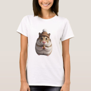 Camiseta Hamster Fofo de Gorro de Tricô Segurando Bolota