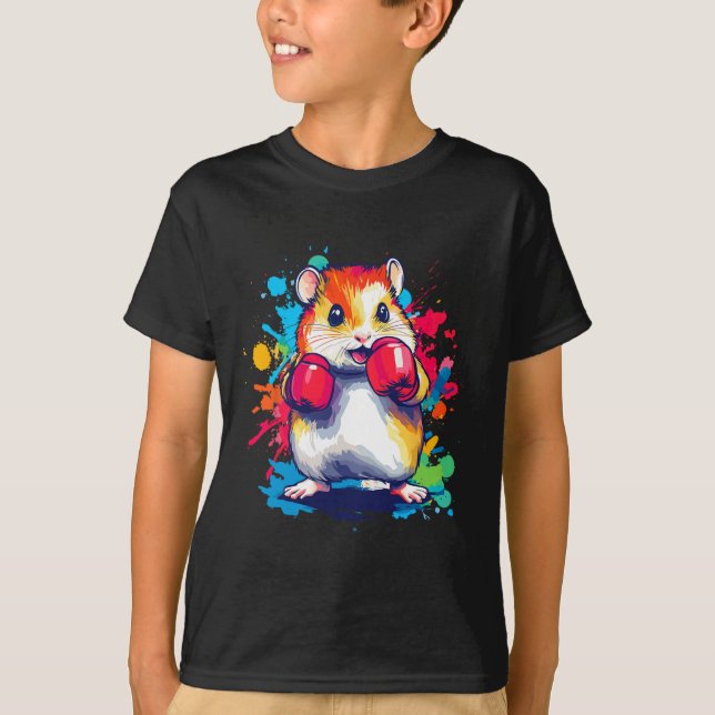Camiseta Hamster Vestindo Luvas Boxando Arte Colorida (Frente)