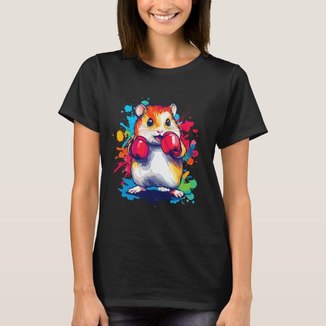 Camiseta Hamster Vestindo Luvas Boxando Arte Colorida (Frente)