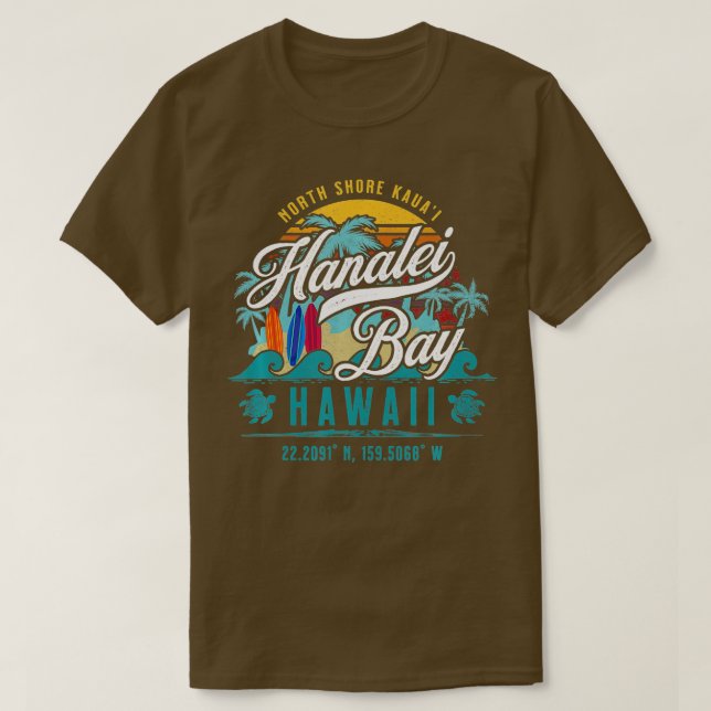 Camiseta Hanalei Bay North Shore Kauai Hawaii Retro Sun Sur (Frente do Design)