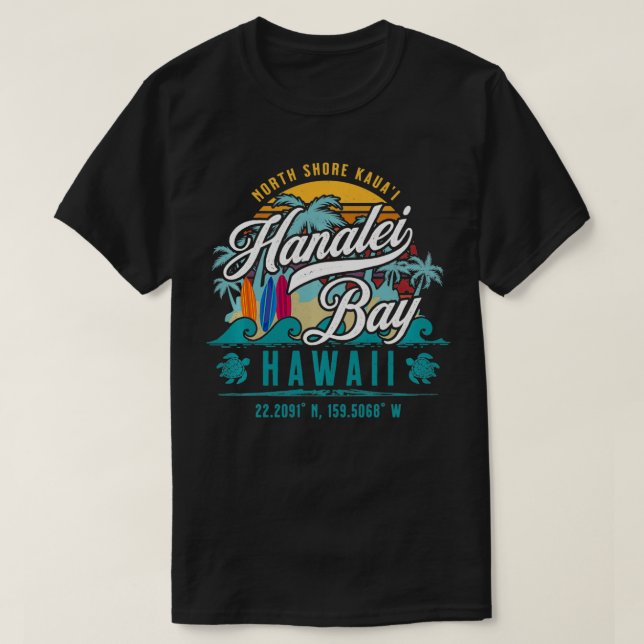 Camiseta Hanalei Bay North Shore Kauai Hawaii Retro Sun Sur (Frente do Design)